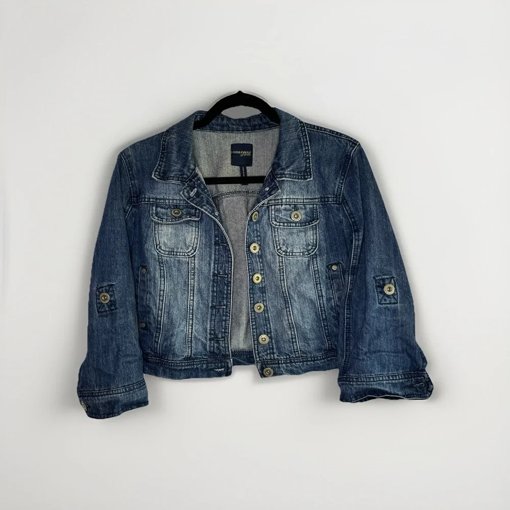 Highway Jeans Youth L Cropped Denim Jacket Blue Distressed Rocker Style - Picture 1 of 13